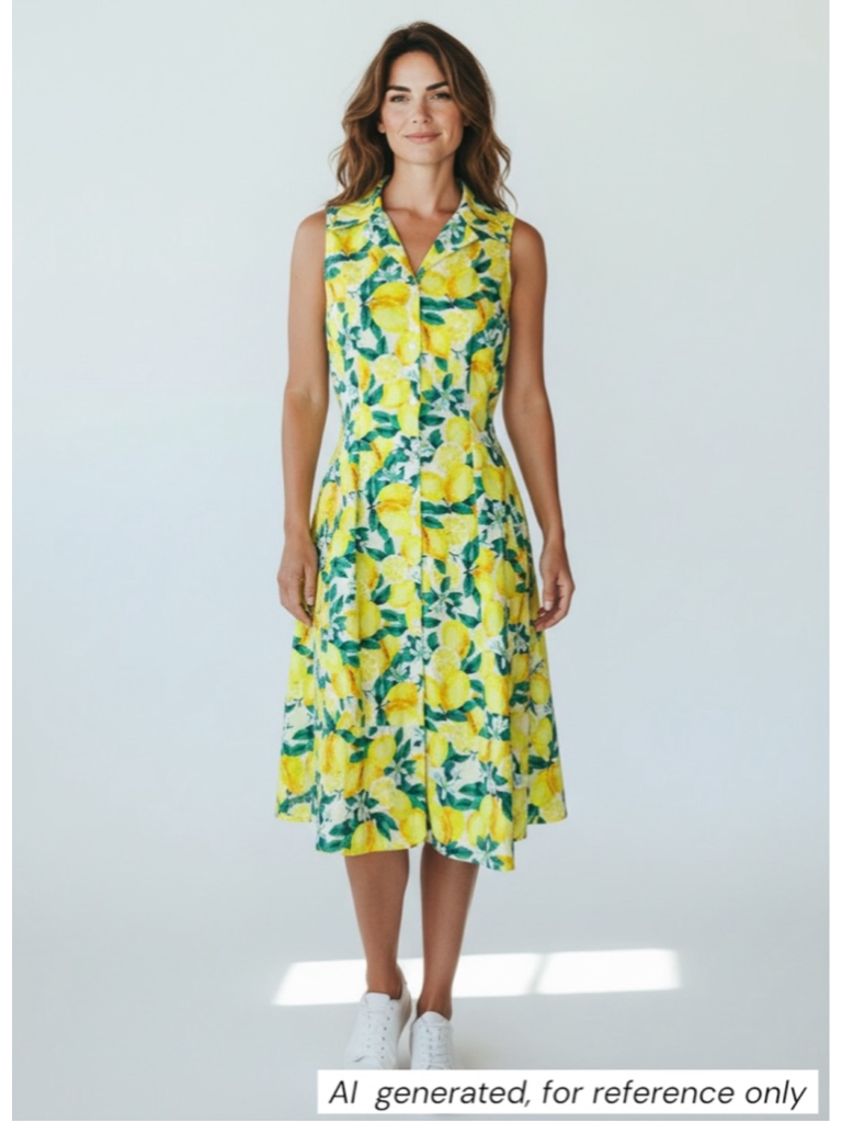 Chloe + Rene Lemon Print Cotton Midi Dress, Feminine Summer, Sz M